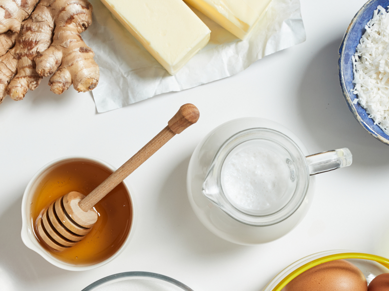 A series of rice pudding flavorings laid out