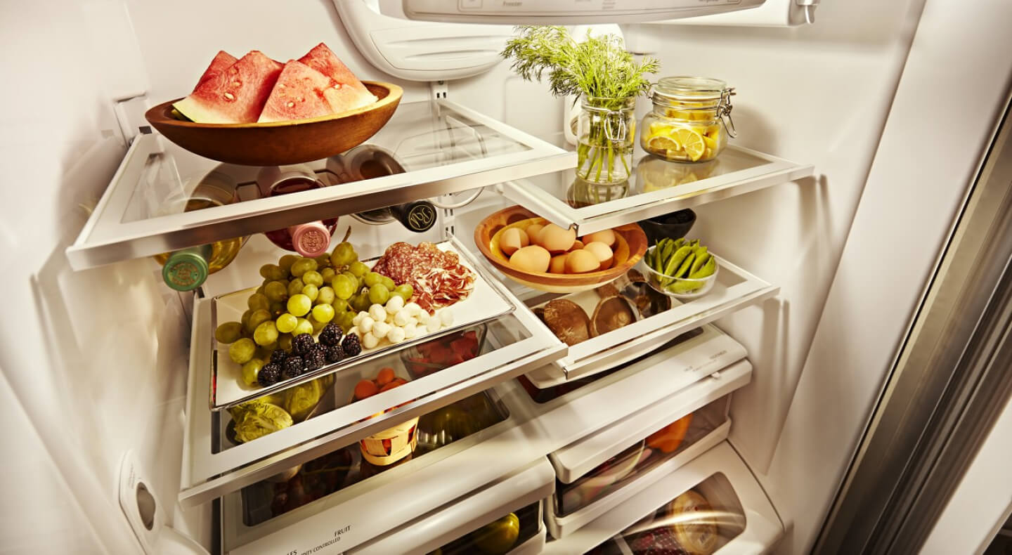 Various items inside a French door refrigerator Various items inside a French door refrigerator