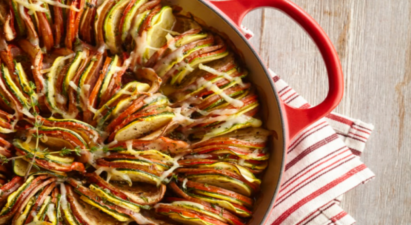 Finished ratatouille in round dish Finished ratatouille in round dish