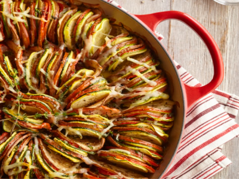 Finished ratatouille in round dish Finished ratatouille in round dish