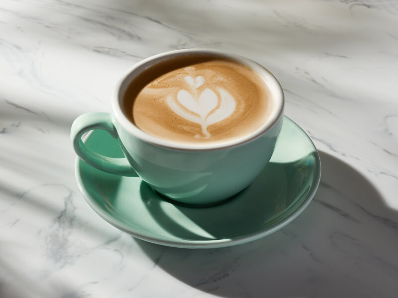 Espresso drink in a teal cup on a matching saucer
