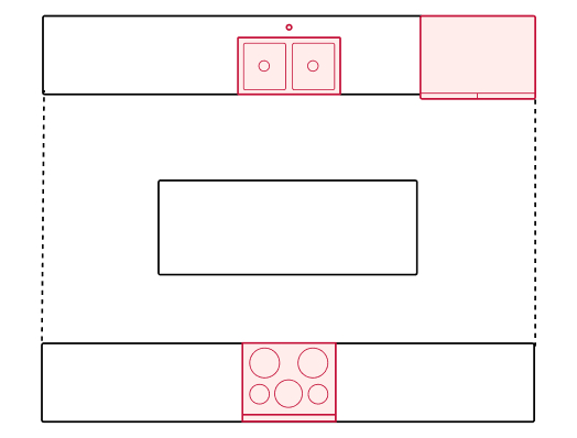 A graphic of a galley kitchen with an island