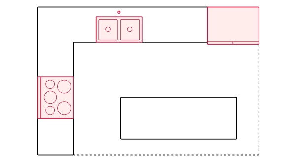 A graphic of an L-shaped kitchen with an island