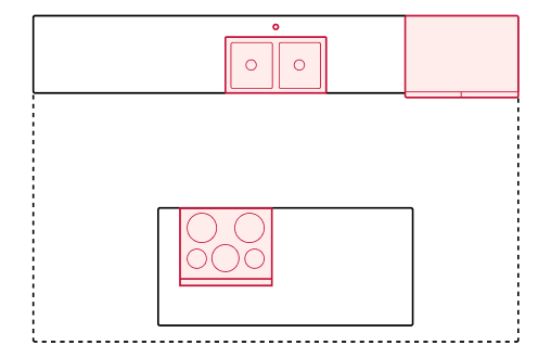 A graphic of a one-wall kitchen with an island