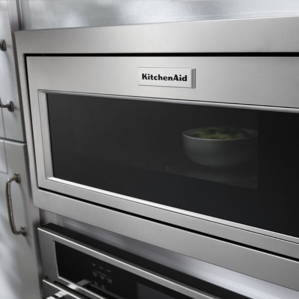 Stainless steel, built-in KitchenAid® microwave with bowl inside
