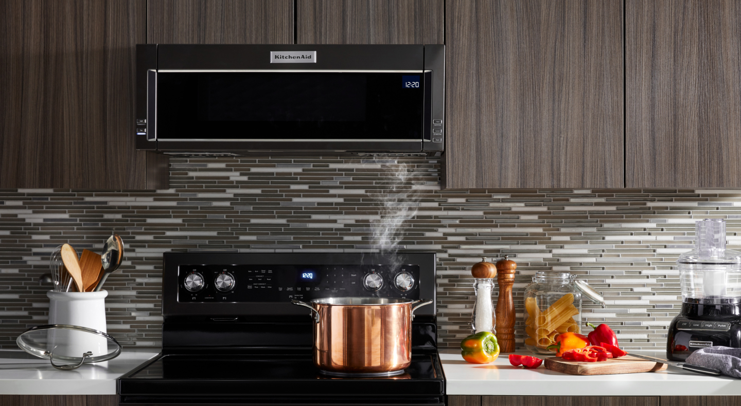 View of KitchenAid® microwave and stove View of KitchenAid® microwave and stove