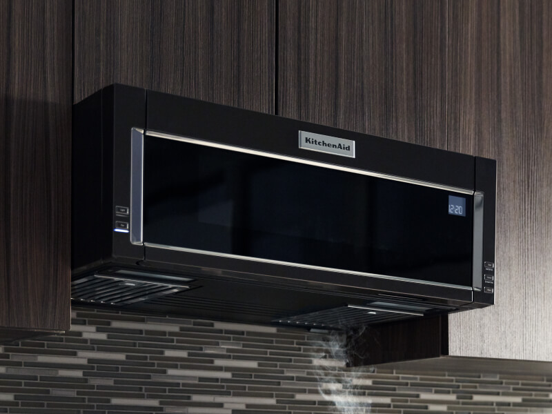 Black, KitchenAid® low-profile over-the-range microwave above tile backsplash Black, KitchenAid® low-profile over-the-range microwave above tile backsplash