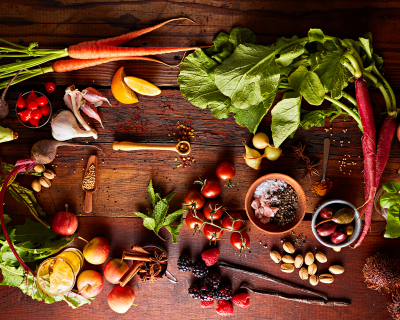 Various ingredients on kitchen table
