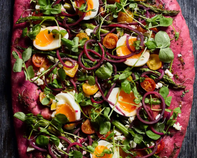 Veggie pizza with beet crust
