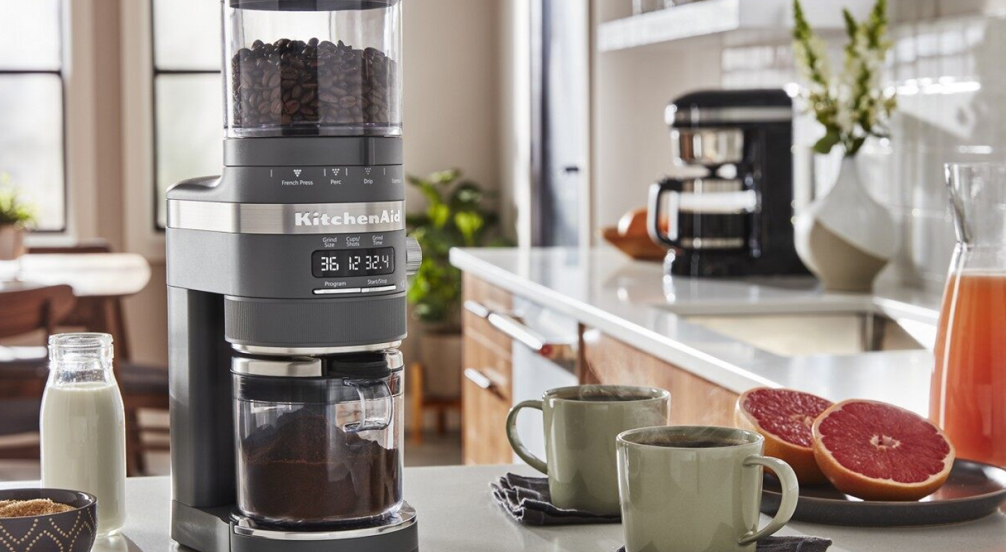 KitchenAid® coffee grinder filled with coffee beans KitchenAid® coffee grinder filled with coffee beans