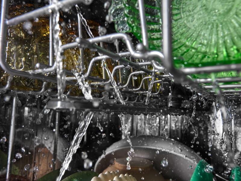 Water droplets on dishes in a dishwasher