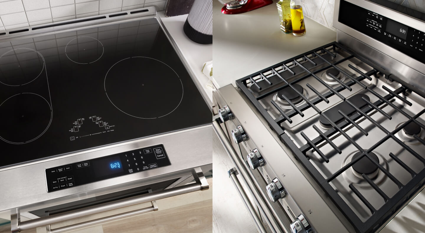 Side-by-side image of a freestanding and slide-in range