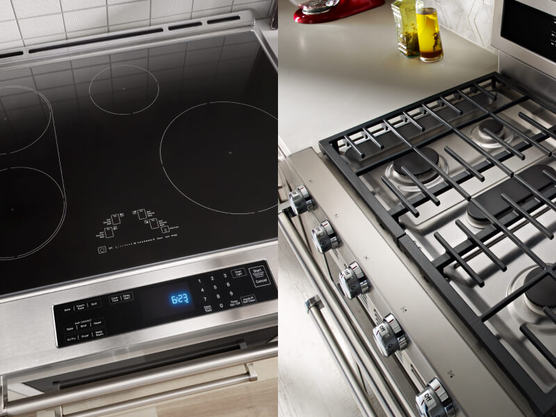 Side-by-side image of a freestanding and slide-in range