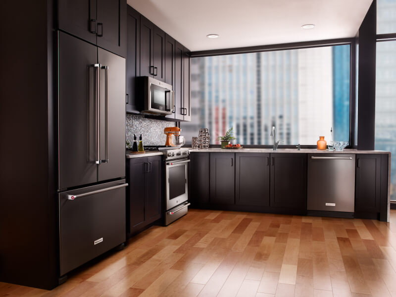 Open concept kitchen with brown cabinetry
