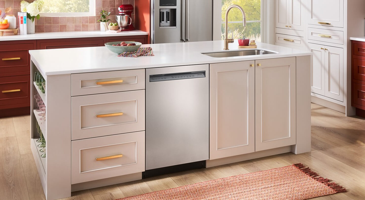 Front control dishwasher built into a kitchen island