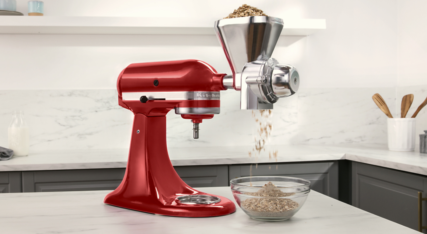 KitchenAid® stand mixer with the all-metal grain mill attachment. KitchenAid® stand mixer with the all-metal grain mill attachment.