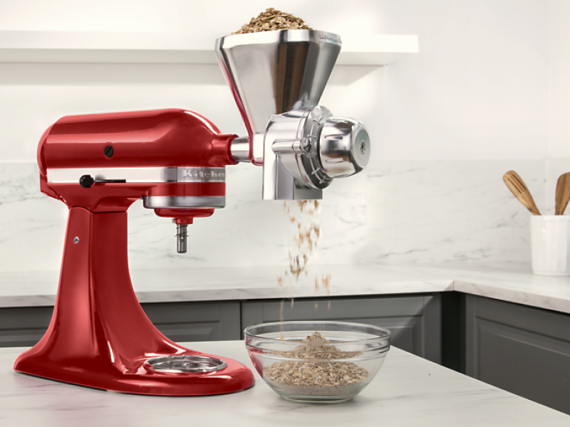 KitchenAid® stand mixer with the all-metal grain mill attachment. KitchenAid® stand mixer with the all-metal grain mill attachment.