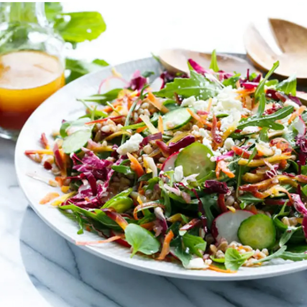 Farro rainbow salad made with fresh vegetables.