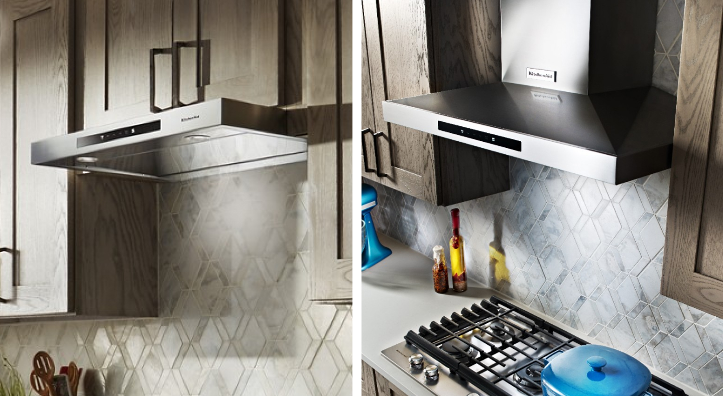 Side-by-side images of undercabinet and wall-mount range hoods Side-by-side images of undercabinet and wall-mount range hoods