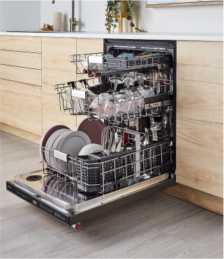 Open dishwasher filled with dishes