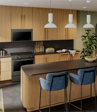 A modern kitchen with blue chairs and brown cabinetry