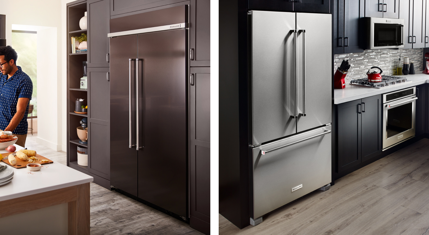 Side-by-side image of black stainless steel and stainless steel french door refrigerators Side-by-side image of black stainless steel and stainless steel french door refrigerators