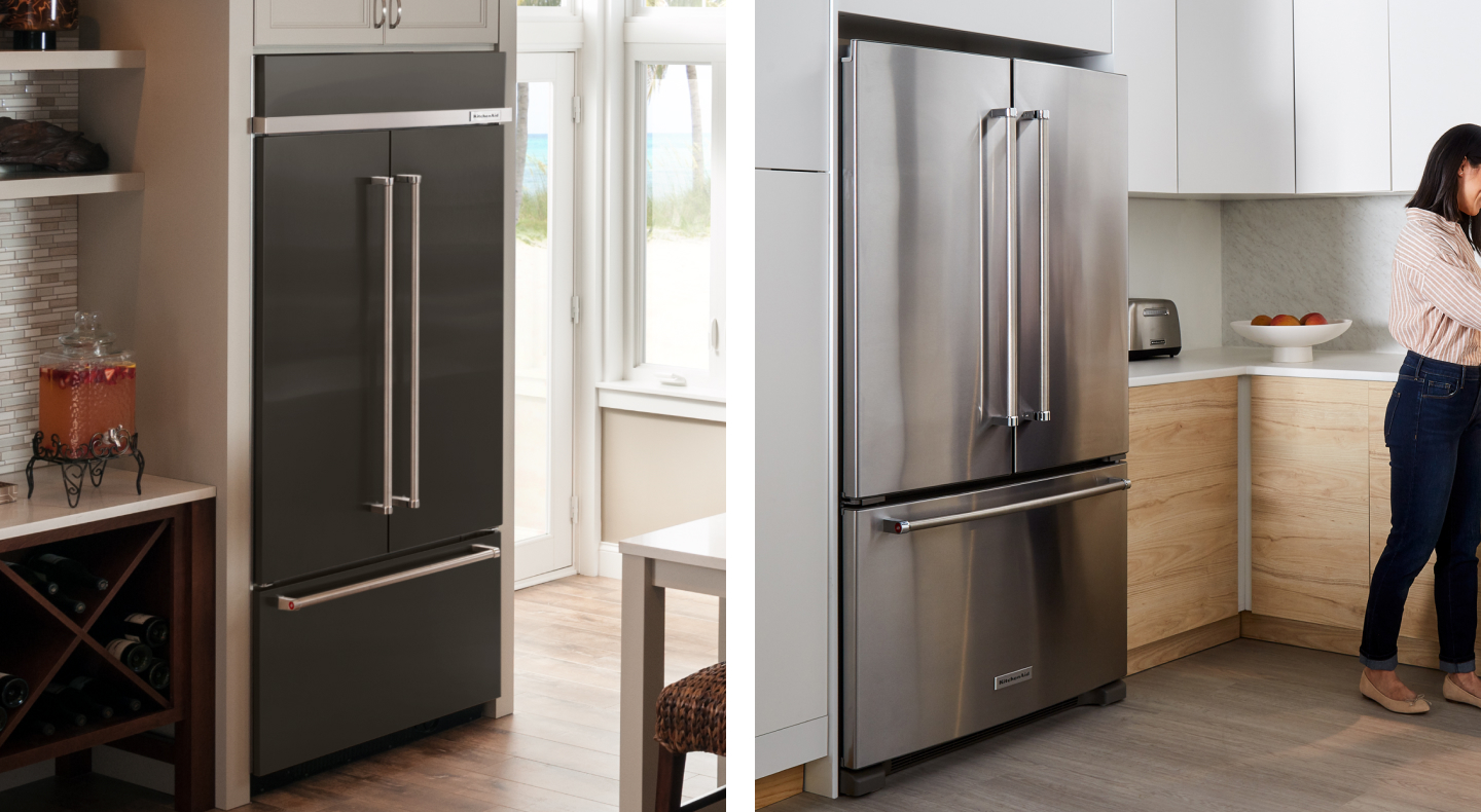 Side-by-side image of black stainless steel and stainless steel french door refrigerators Side-by-side image of black stainless steel and stainless steel french door refrigerators