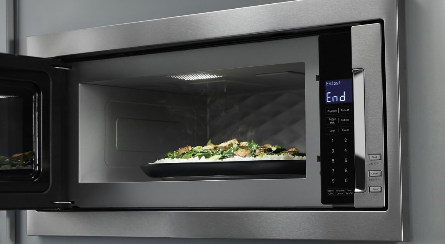 Food in a microwave with the door open