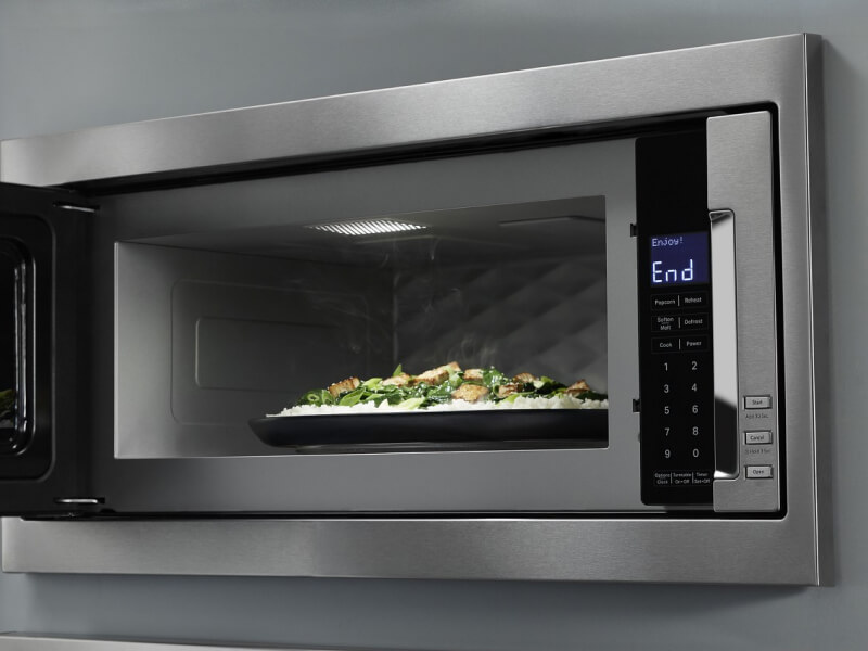 Food in a microwave with the door open