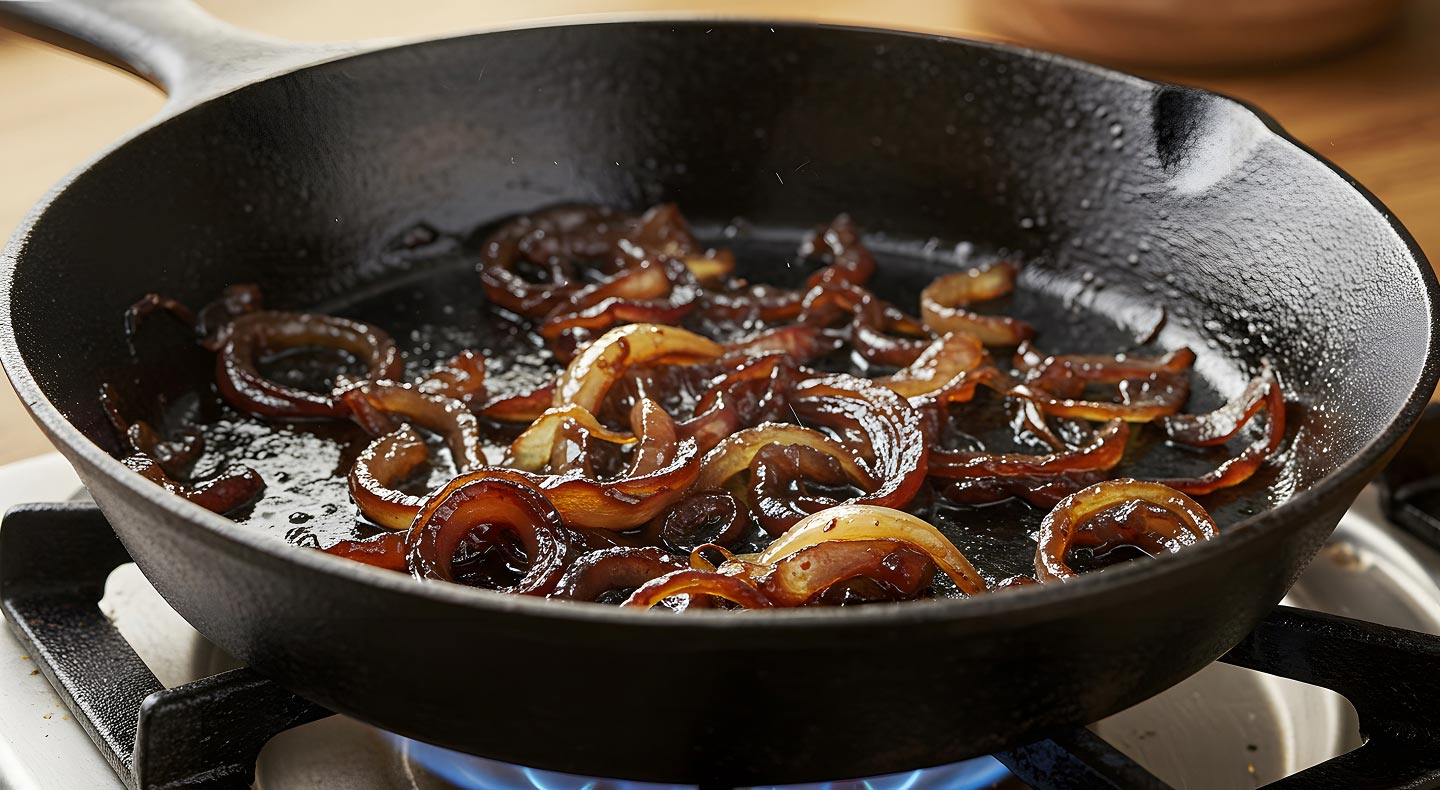 Onions caramelizing in a cast iron pan