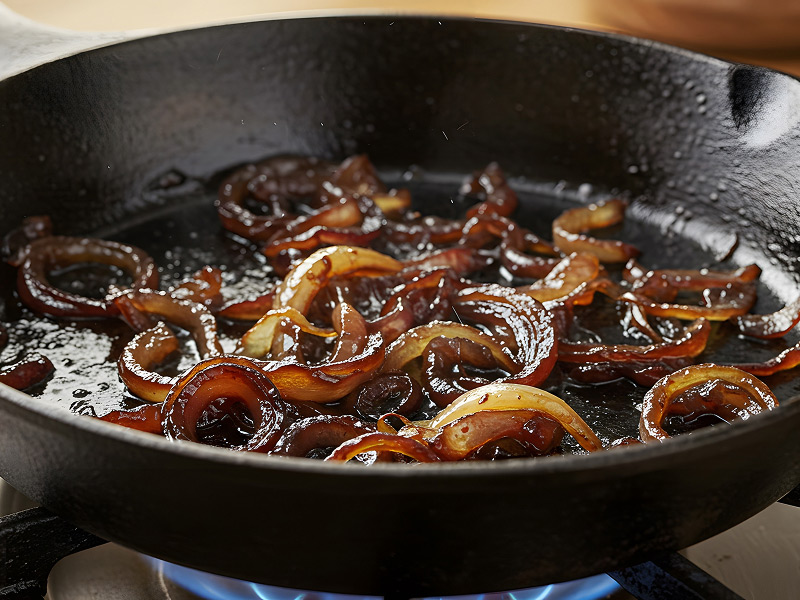Onions caramelizing in a cast iron pan