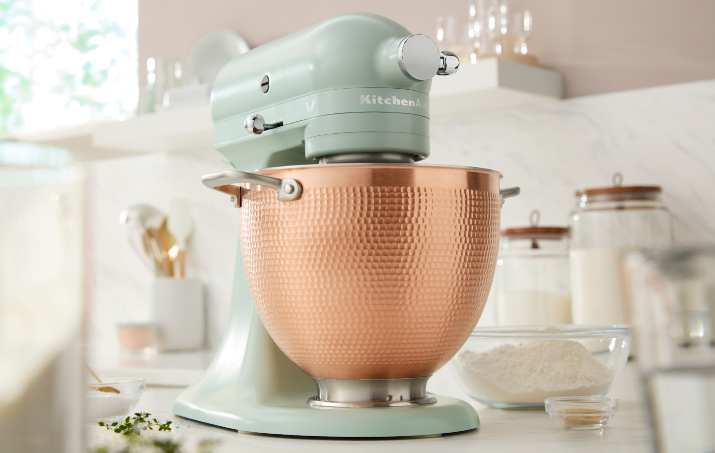 Teal KitchenAid® stand mixer with copper mixing bowl Teal KitchenAid® stand mixer with copper mixing bowl