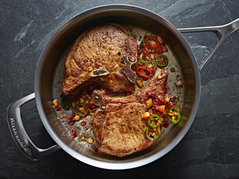 Seared meat in a pan