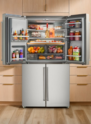 Open four door refrigerator filled with groceries