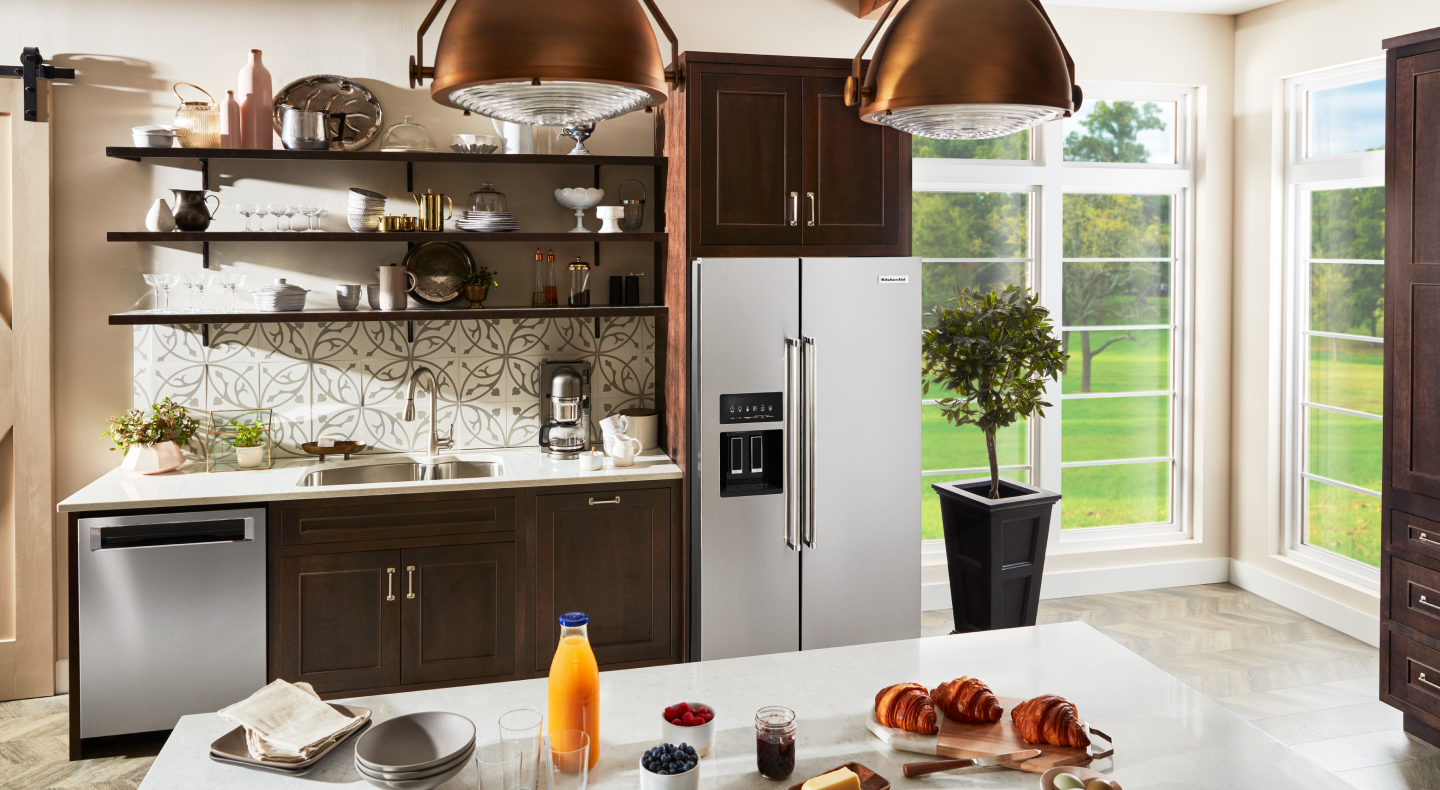 Stainless steel, KitchenAid® side-by-side refrigerator with in-door ice dispenser  Stainless steel, KitchenAid® side-by-side refrigerator with in-door ice dispenser
