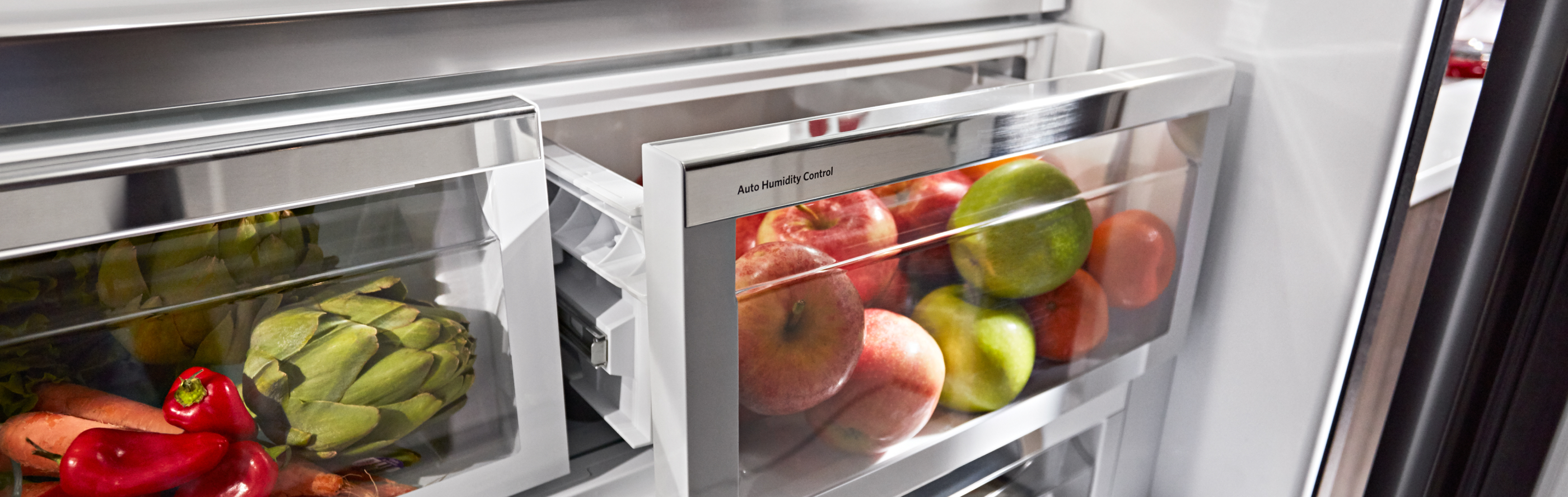 Close-up of fruit and vegetables in a humidity controlled refrigerator drawer