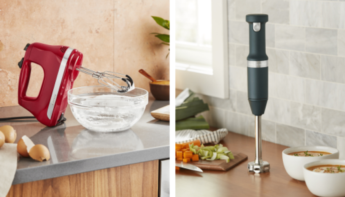 A hand mixer and an immersion blender.