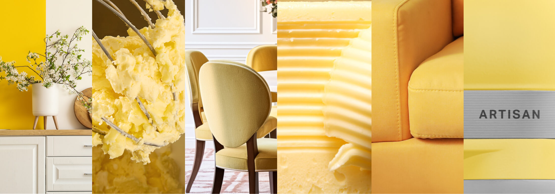 A series of images showcasing butter and butter yellows in various forms.