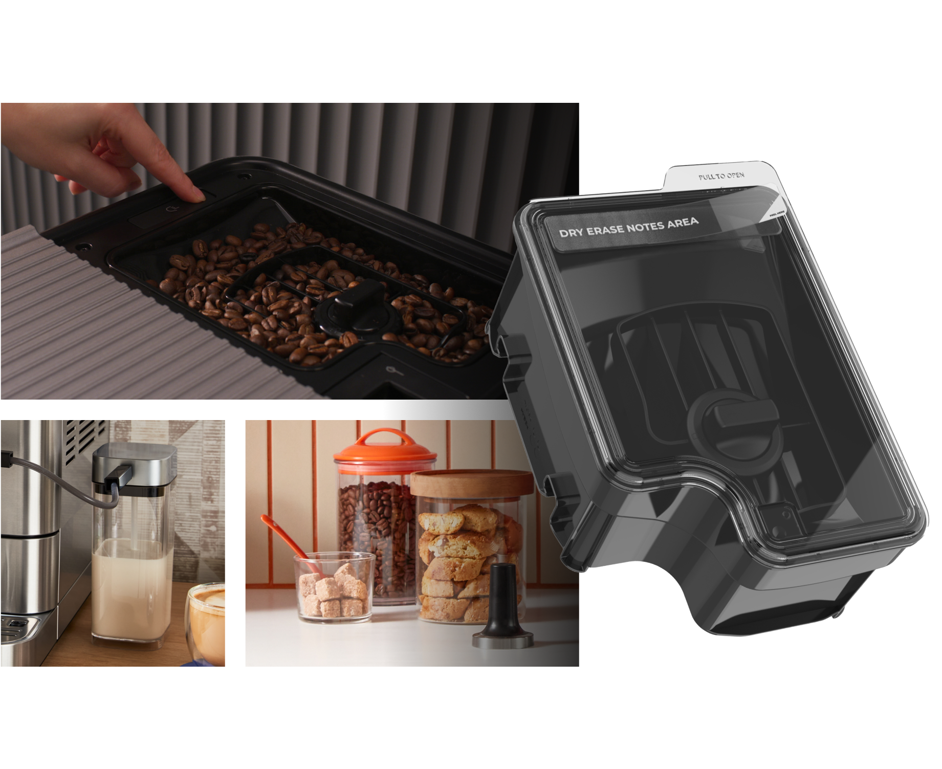 A collage of images of coffee accessories, featuring a bean hopper, tampers, and milk steamer.