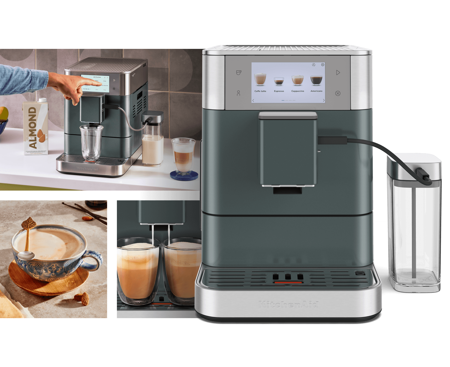 A collage of images showing a Fully Automatic Espresso Machine from KitchenAid.
