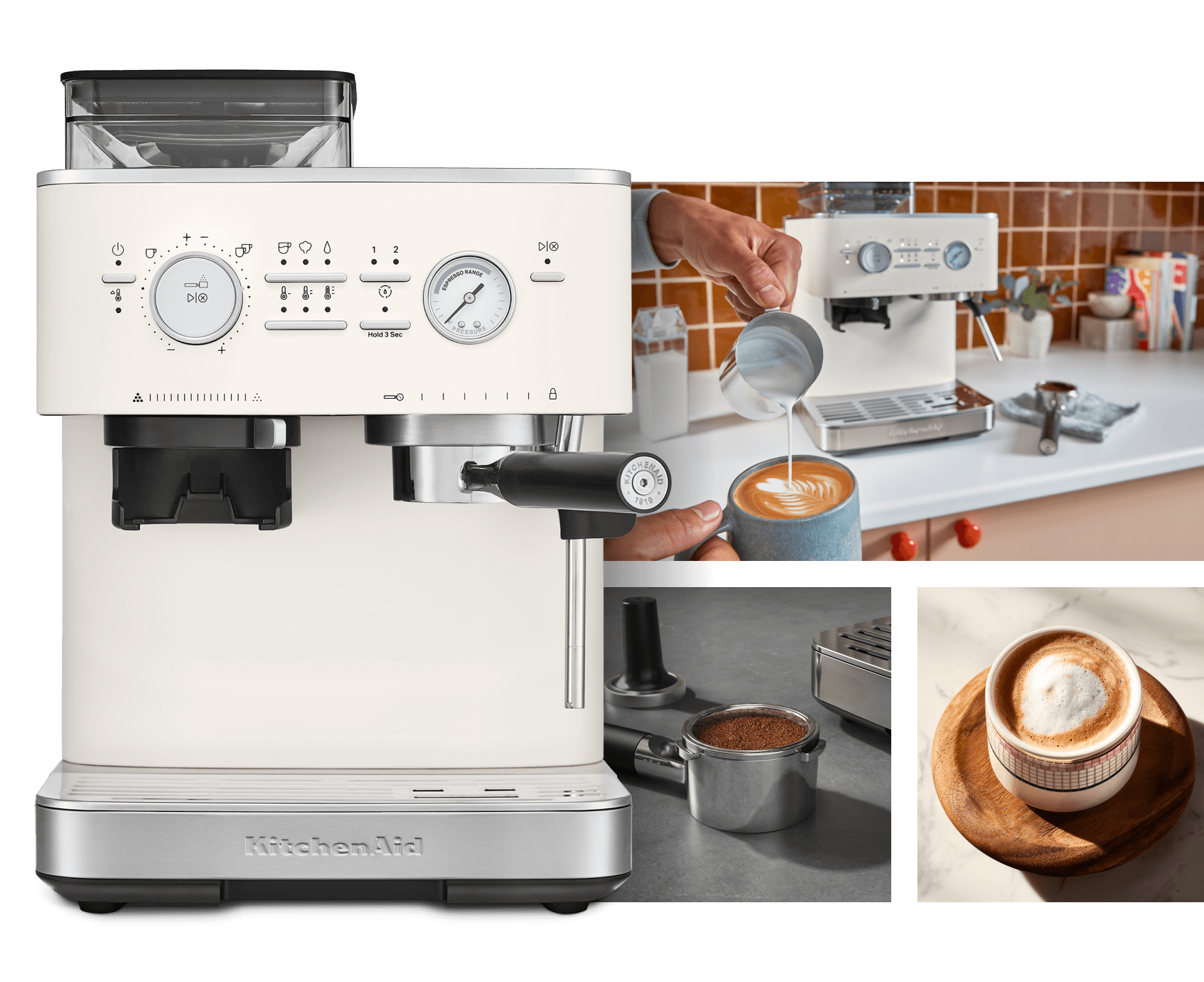 A collage of images showing a Semi Automatic Espresso Machine from KitchenAid