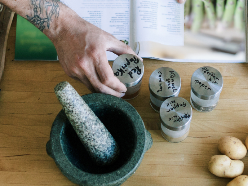 A person adding ingredients to a bowl