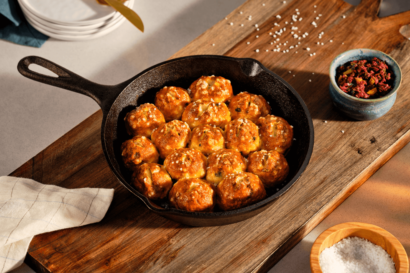 Cast iron skillet filled with meatballs on a wooden cutting board Cast iron skillet filled with meatballs on a wooden cutting board