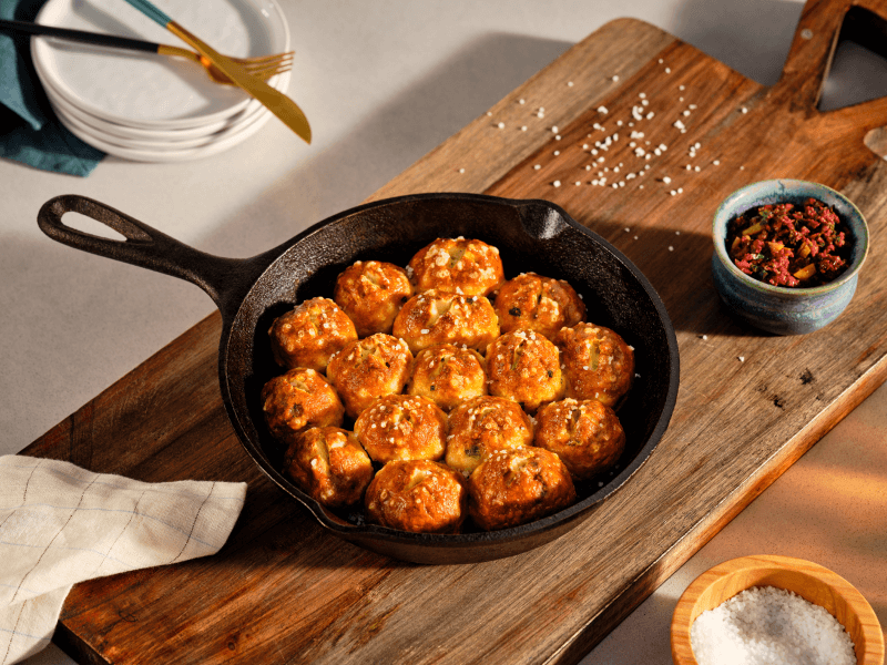 Cast iron skillet filled with meatballs on a wooden cutting board Cast iron skillet filled with meatballs on a wooden cutting board