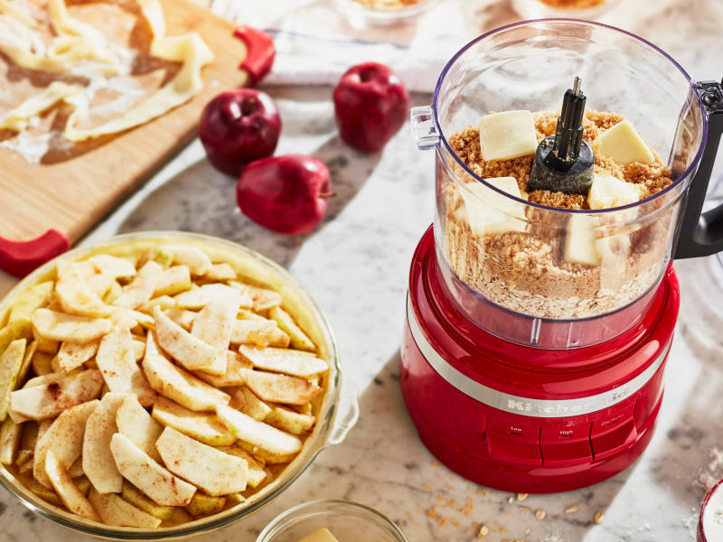 KitchenAid® food processor making butter crumb topping for pie KitchenAid® food processor making butter crumb topping for pie