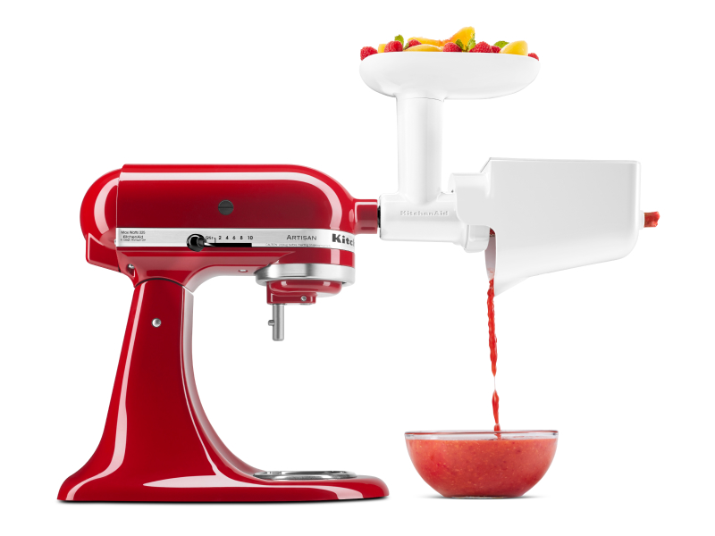 Red KitchenAid® stand mixer with Fruit and Vegetable Strainer Attachment
