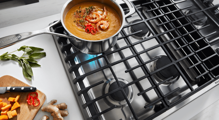 Food cooking on a gas cooktop