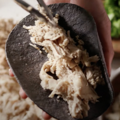 Shredded chicken on a tortilla