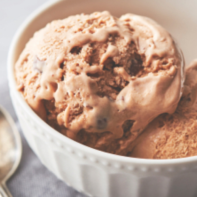 Homemade chocolate ice cream in a white bowl with an antique spoon