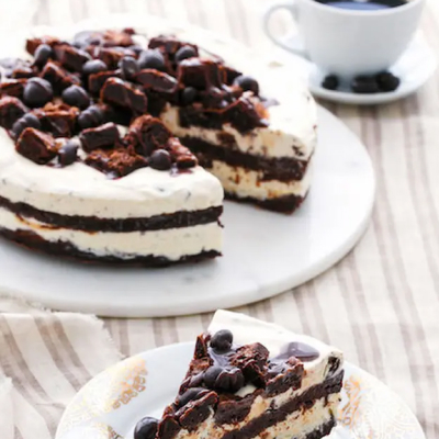 A layered chocolate and vanilla ice cream cake